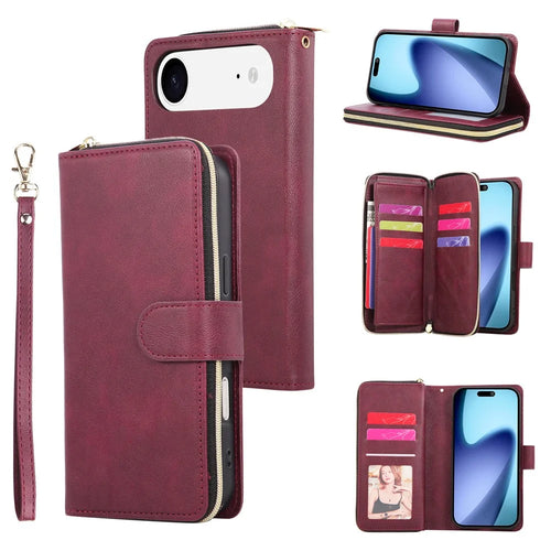 For iPhone Air Case Zipper Pocket 9 Card Slots PU Leather Phone Cover with Hand Strap - Wine Red - 1