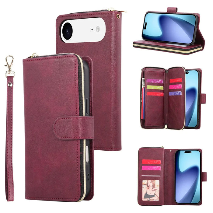 For iPhone Air Case Zipper Pocket 9 Card Slots PU Leather Phone Cover with Hand Strap - Wine Red - 1