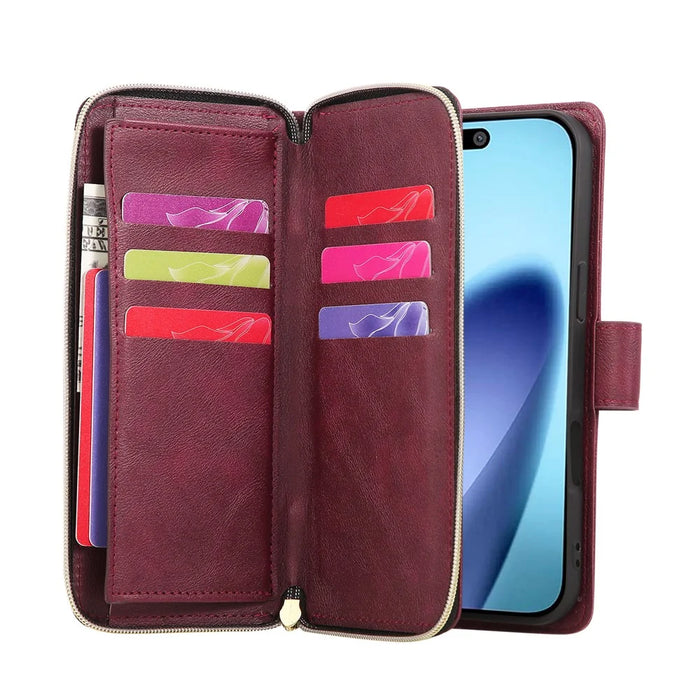 For iPhone Air Case Zipper Pocket 9 Card Slots PU Leather Phone Cover with Hand Strap - Wine Red - 2