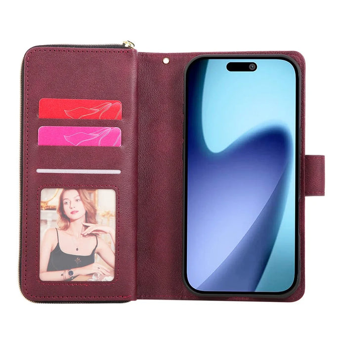 For iPhone Air Case Zipper Pocket 9 Card Slots PU Leather Phone Cover with Hand Strap - Wine Red - 3