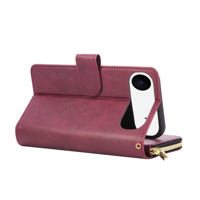 For iPhone Air Case Zipper Pocket 9 Card Slots PU Leather Phone Cover with Hand Strap - Wine Red - 4