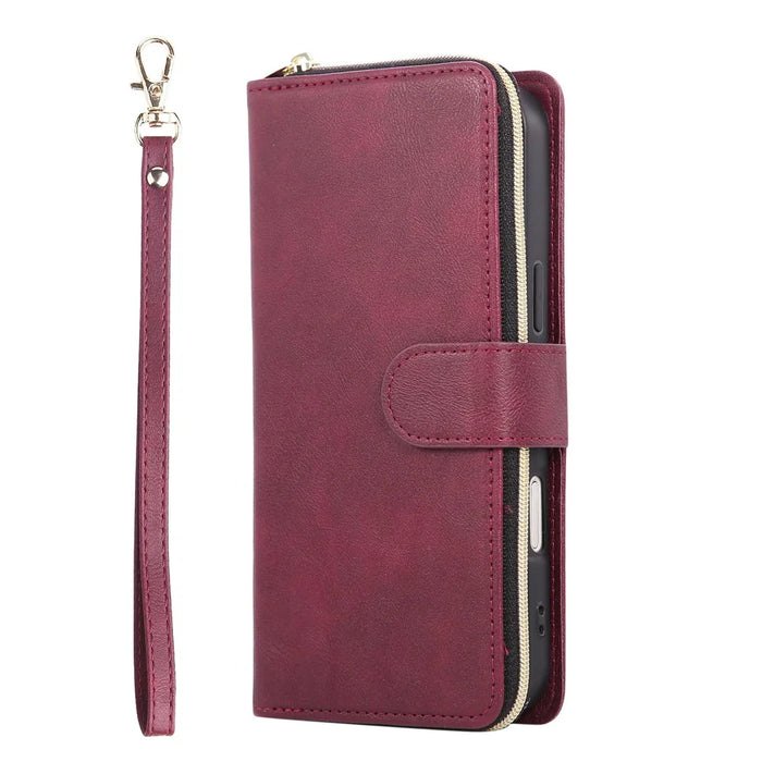 For iPhone Air Case Zipper Pocket 9 Card Slots PU Leather Phone Cover with Hand Strap - Wine Red - 6