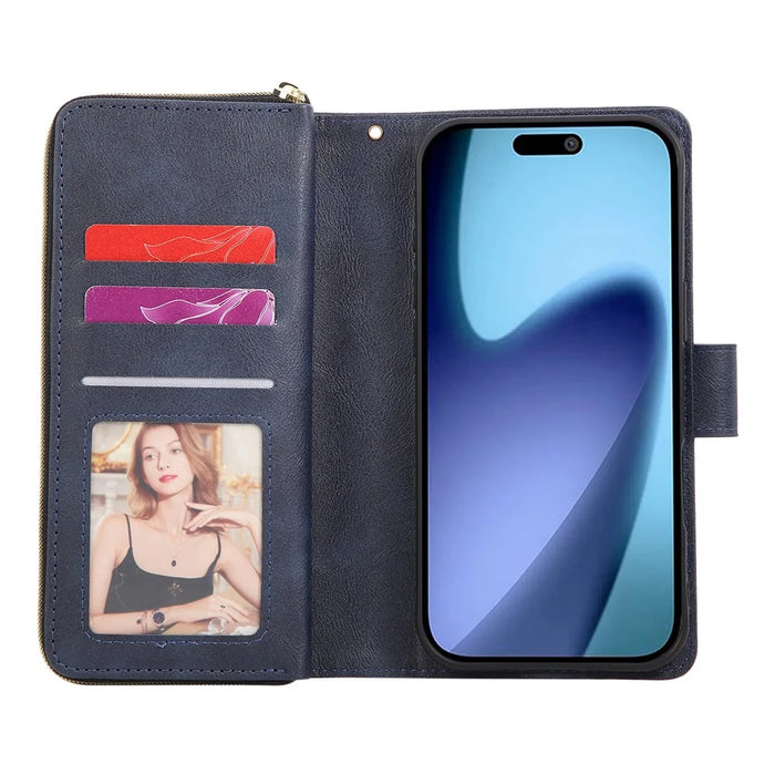For iPhone 18 Pro / 17 Pro Case Zipper Pocket 9 Card Slots PU Leather Phone Cover with Hand Strap - Blue - 3
