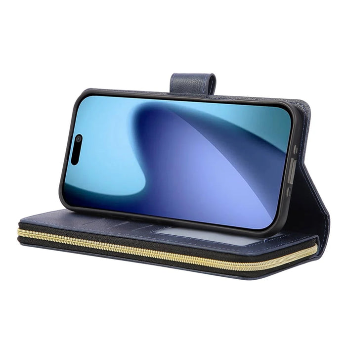 For iPhone 18 Pro / 17 Pro Case Zipper Pocket 9 Card Slots PU Leather Phone Cover with Hand Strap - Blue - 4