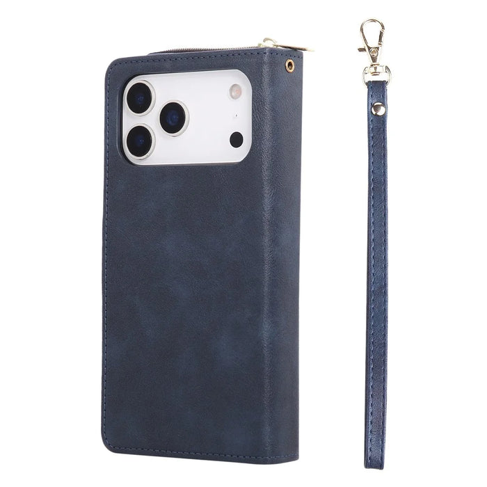 For iPhone 18 Pro / 17 Pro Case Zipper Pocket 9 Card Slots PU Leather Phone Cover with Hand Strap - Blue - 7