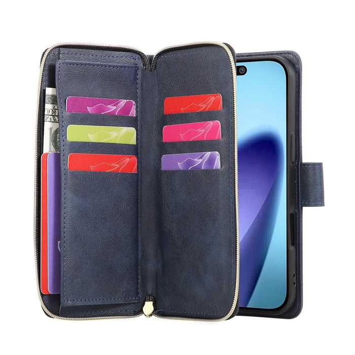 For iPhone 18 Pro Max / 17 Pro Max Case Zipper Pocket 9 Card Slots PU Leather Phone Cover with Hand Strap - Blue - 2