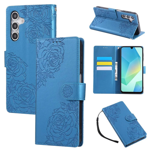 For Samsung Galaxy S25 FE Case Rose Flower PU Leather Wallet Phone Cover with 3 Card Slots / Wrist Strap - Blue - 1