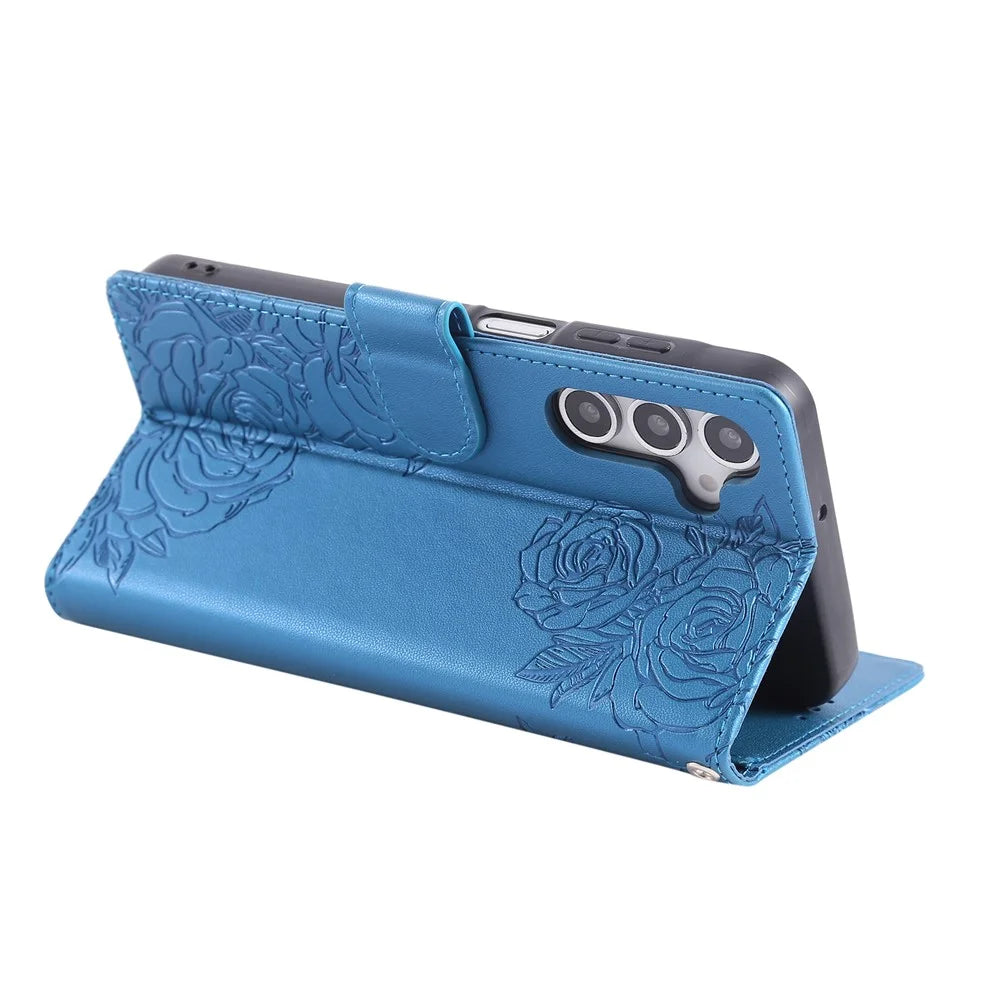 For Samsung Galaxy S25 FE Case Rose Flower PU Leather Wallet Phone Cover with 3 Card Slots / Wrist Strap - Blue - 3