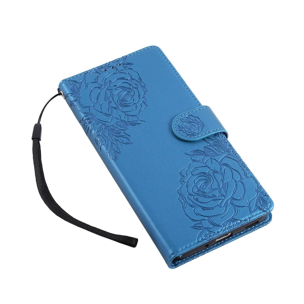 For Samsung Galaxy S25 FE Case Rose Flower PU Leather Wallet Phone Cover with 3 Card Slots / Wrist Strap - Blue - 5
