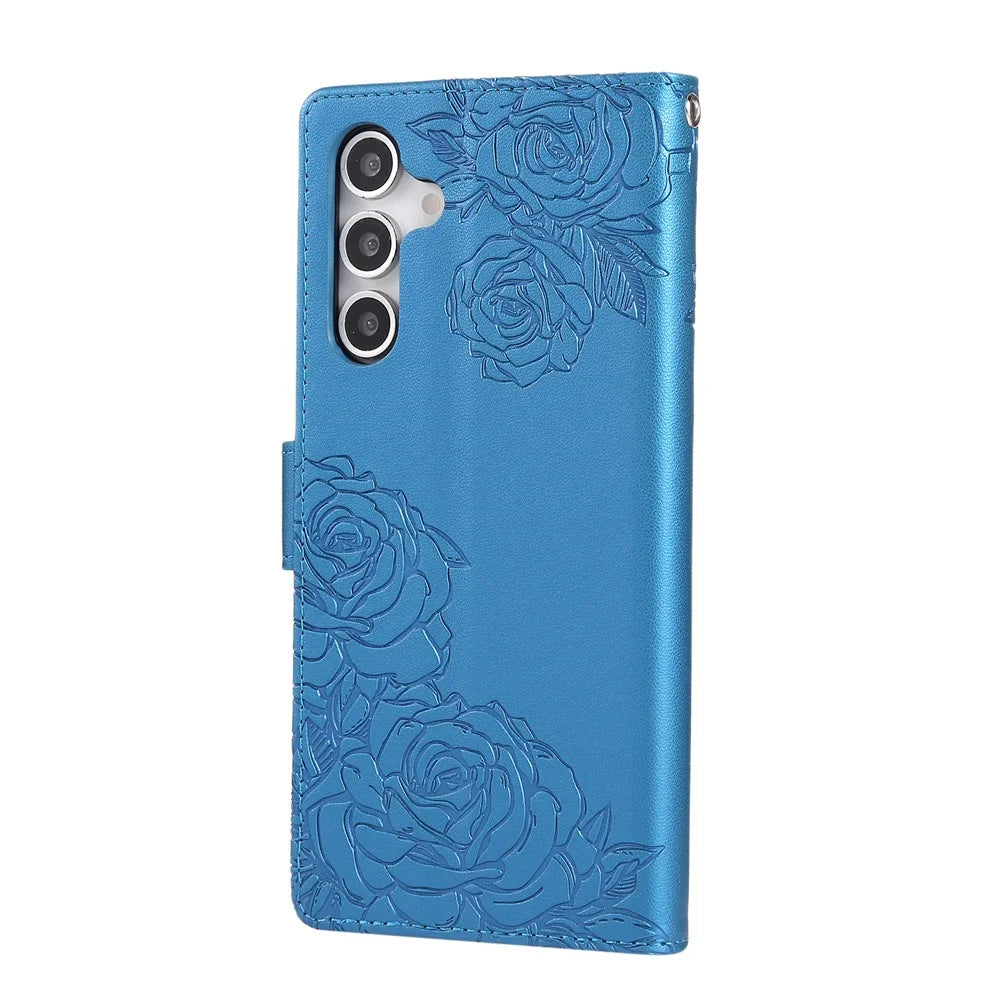 For Samsung Galaxy S25 FE Case Rose Flower PU Leather Wallet Phone Cover with 3 Card Slots / Wrist Strap - Blue - 6