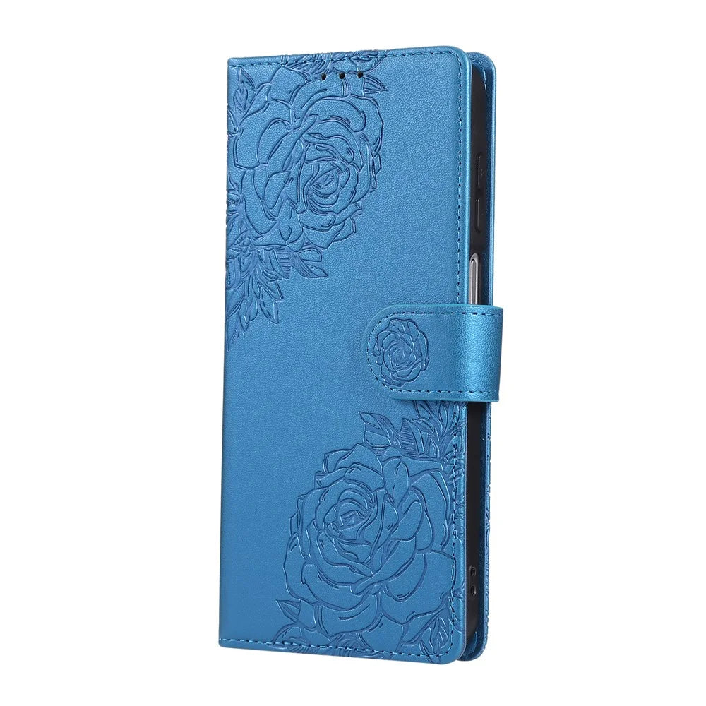 For Samsung Galaxy S25 FE Case Rose Flower PU Leather Wallet Phone Cover with 3 Card Slots / Wrist Strap - Blue - 7