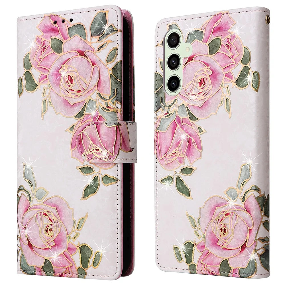 For Samsung Galaxy S25 FE Case RFID Blocking Flower Leather Phone Cover with Wrist Strap - Flower - 1