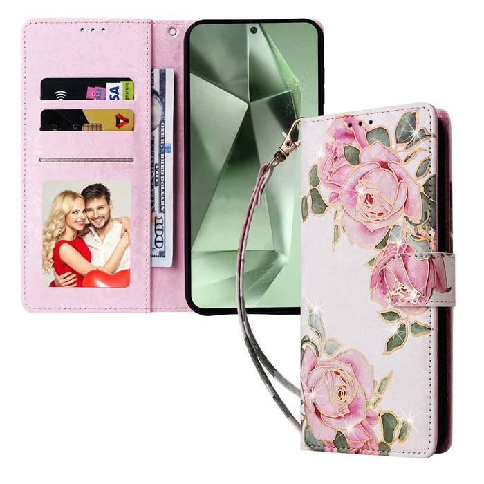 For Samsung Galaxy S25 FE Case RFID Blocking Flower Leather Phone Cover with Wrist Strap - Flower - 5