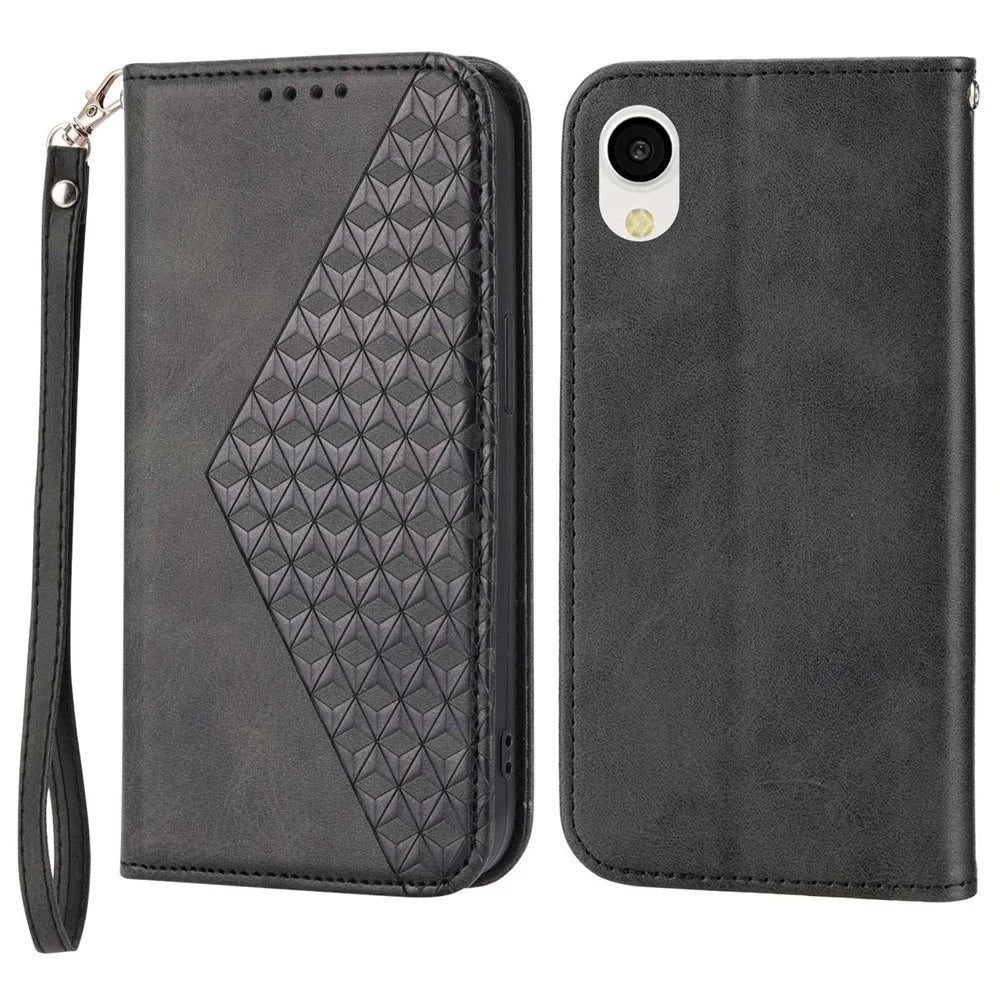 Folio Flip PU Leather Phone Case For Samsung Galaxy A23e, Anti-drop Rhombus Pattern Imprinted Calf Texture Phone Wallet Cover Stand with Strap - Black - 1