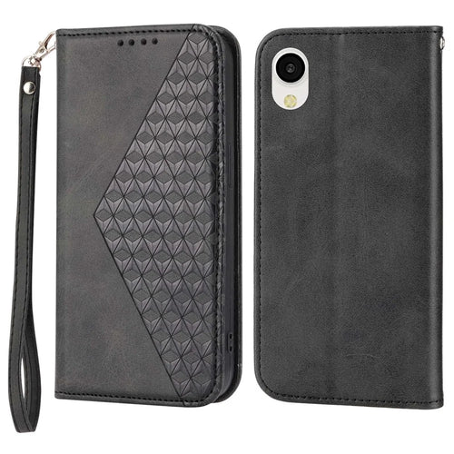 Folio Flip PU Leather Phone Case For Samsung Galaxy A23e, Anti-drop Rhombus Pattern Imprinted Calf Texture Phone Wallet Cover Stand with Strap - Black - 1