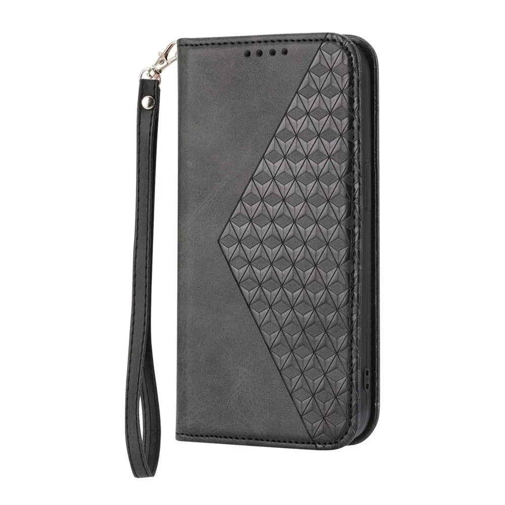 Folio Flip PU Leather Phone Case For Samsung Galaxy A23e, Anti-drop Rhombus Pattern Imprinted Calf Texture Phone Wallet Cover Stand with Strap - Black - 7