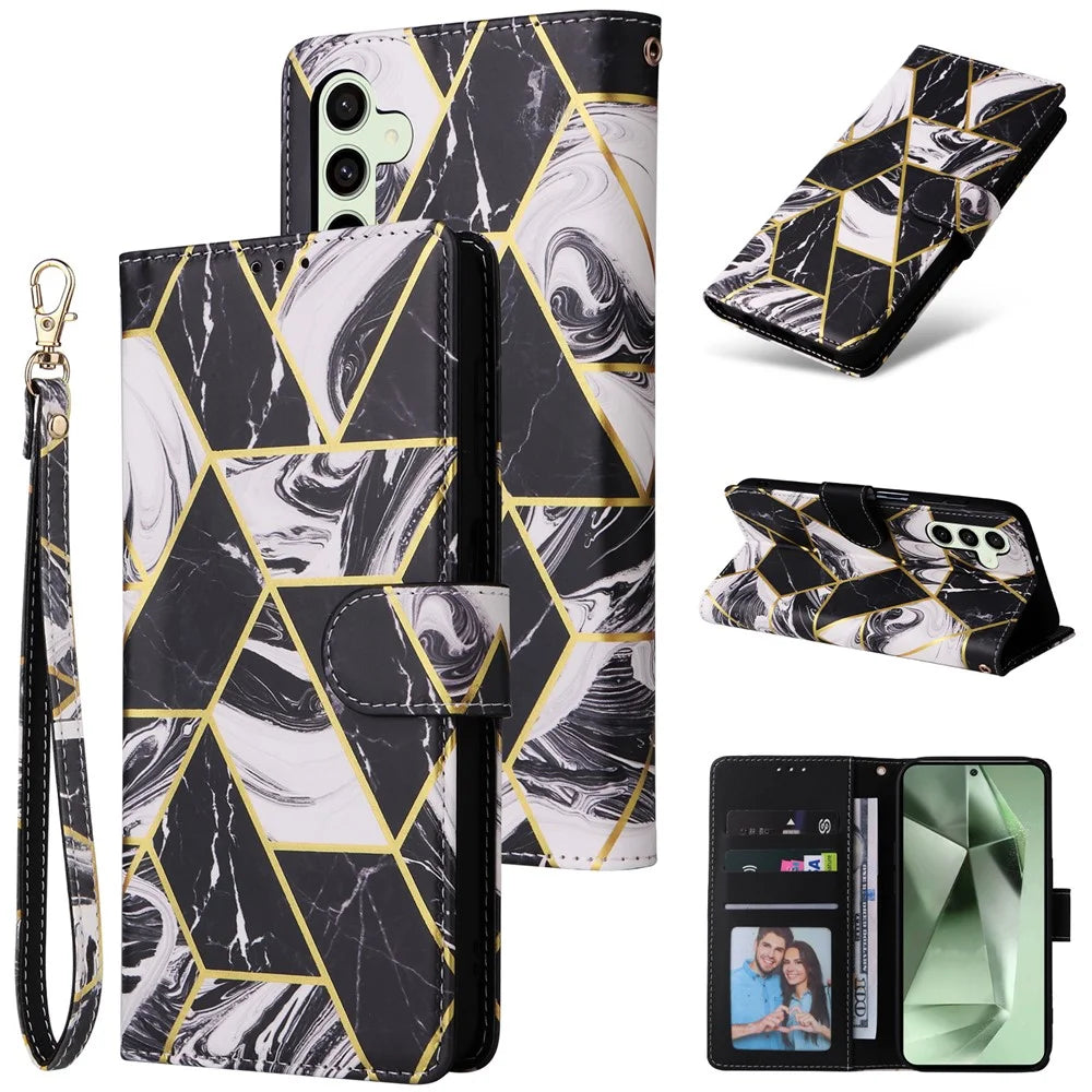 For Samsung Galaxy S25 FE Case Lacquered Marble Pattern Leather Phone Cover with Wrist Strap - Black - 1