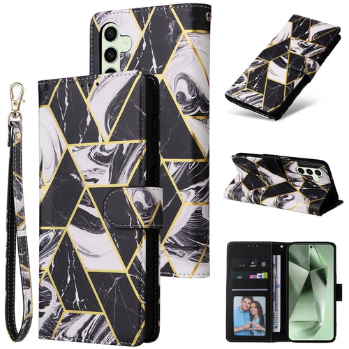 For Samsung Galaxy S25 FE Case Lacquered Marble Pattern Leather Phone Cover with Wrist Strap - Black - 1