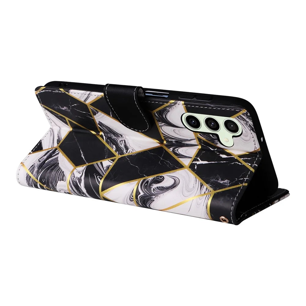 For Samsung Galaxy S25 FE Case Lacquered Marble Pattern Leather Phone Cover with Wrist Strap - Black - 4