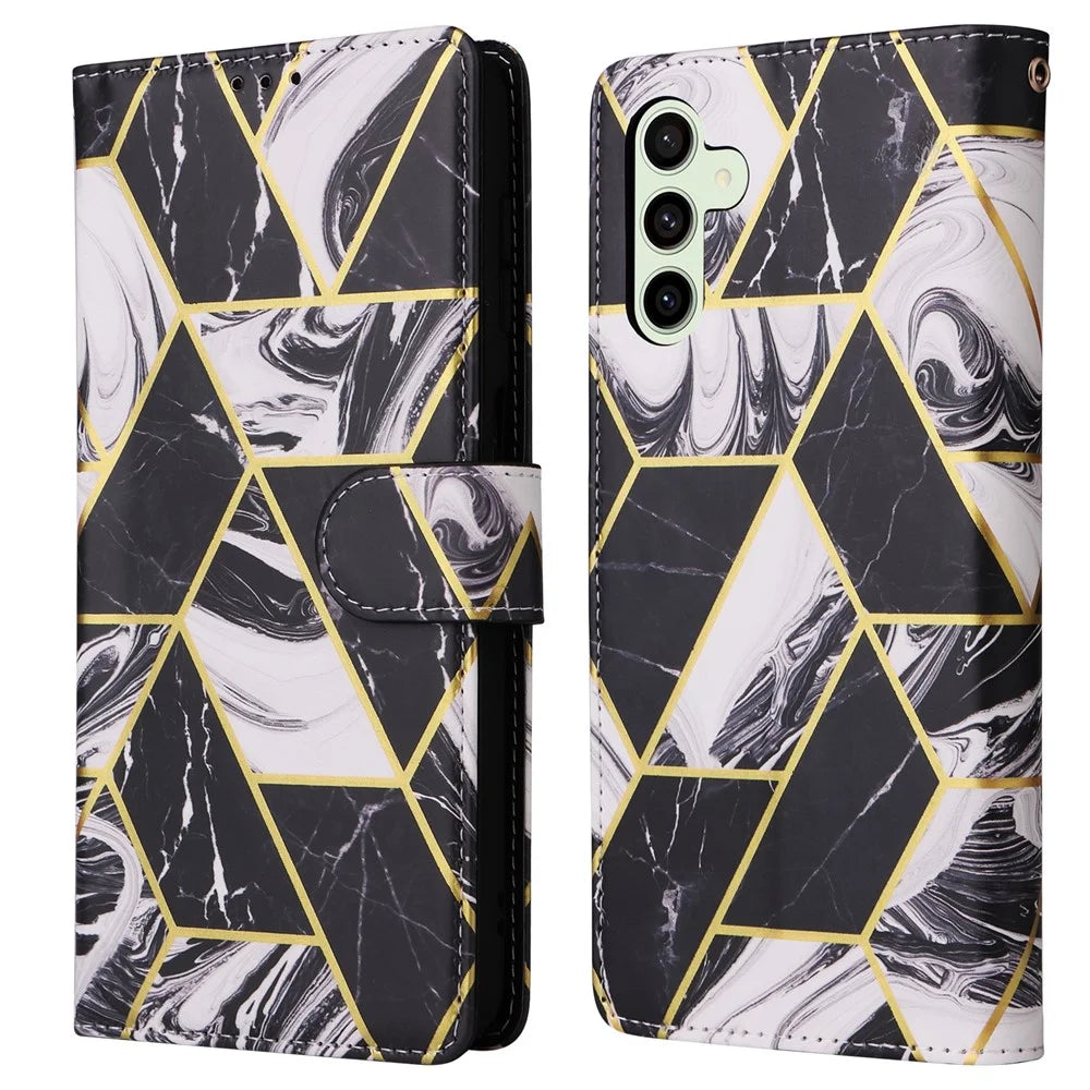 For Samsung Galaxy S25 FE Case Lacquered Marble Pattern Leather Phone Cover with Wrist Strap - Black - 6