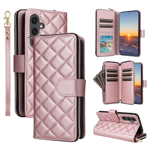 For Samsung Galaxy S25 FE Case Zipper Wallet Rhombus PU Leather Crossbody Phone Cover - Rose Gold - 1