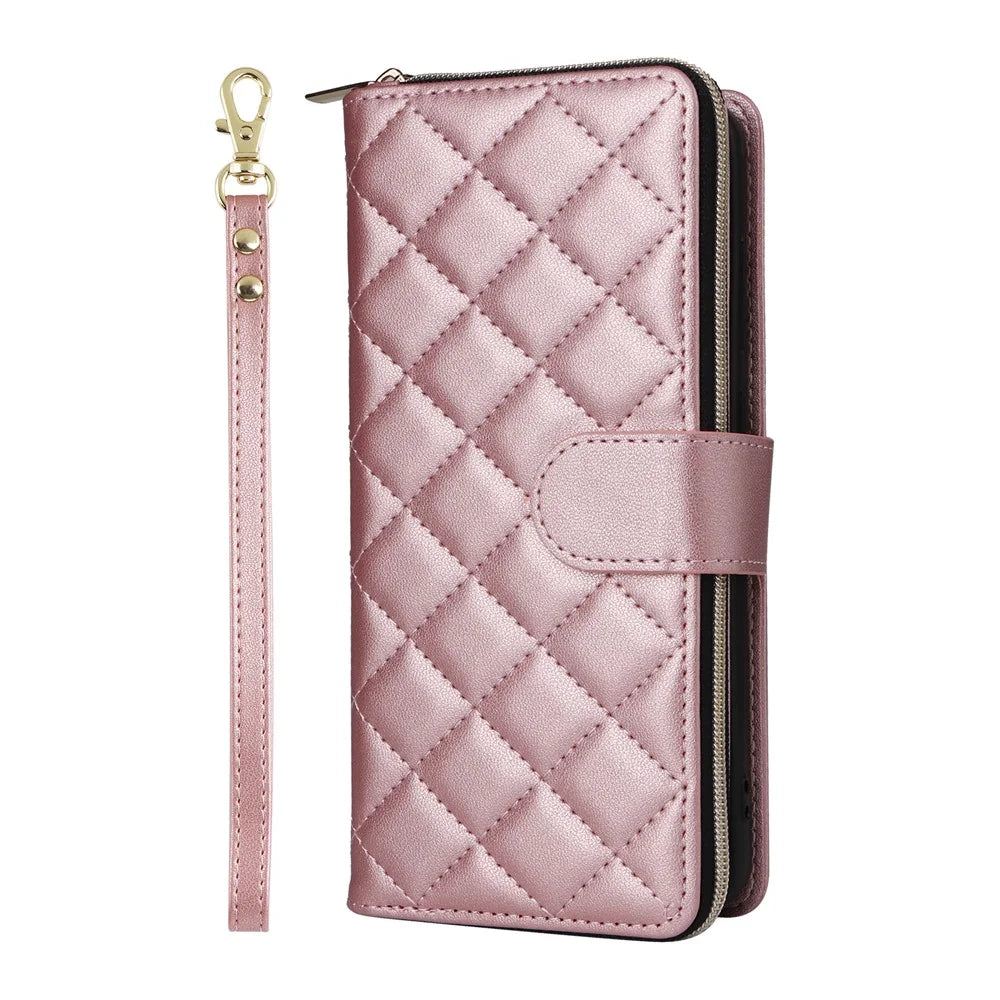For Samsung Galaxy S25 FE Case Zipper Wallet Rhombus PU Leather Crossbody Phone Cover - Rose Gold - 7