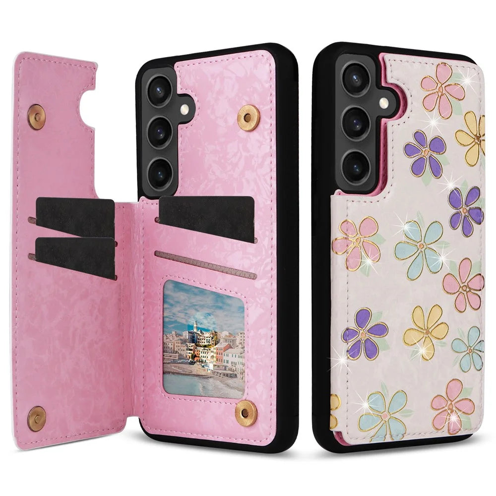 For Samsung Galaxy S25 FE Case Flower Leather TPU RFID Blocking Phone Cover Card Slots - Flowers - 1