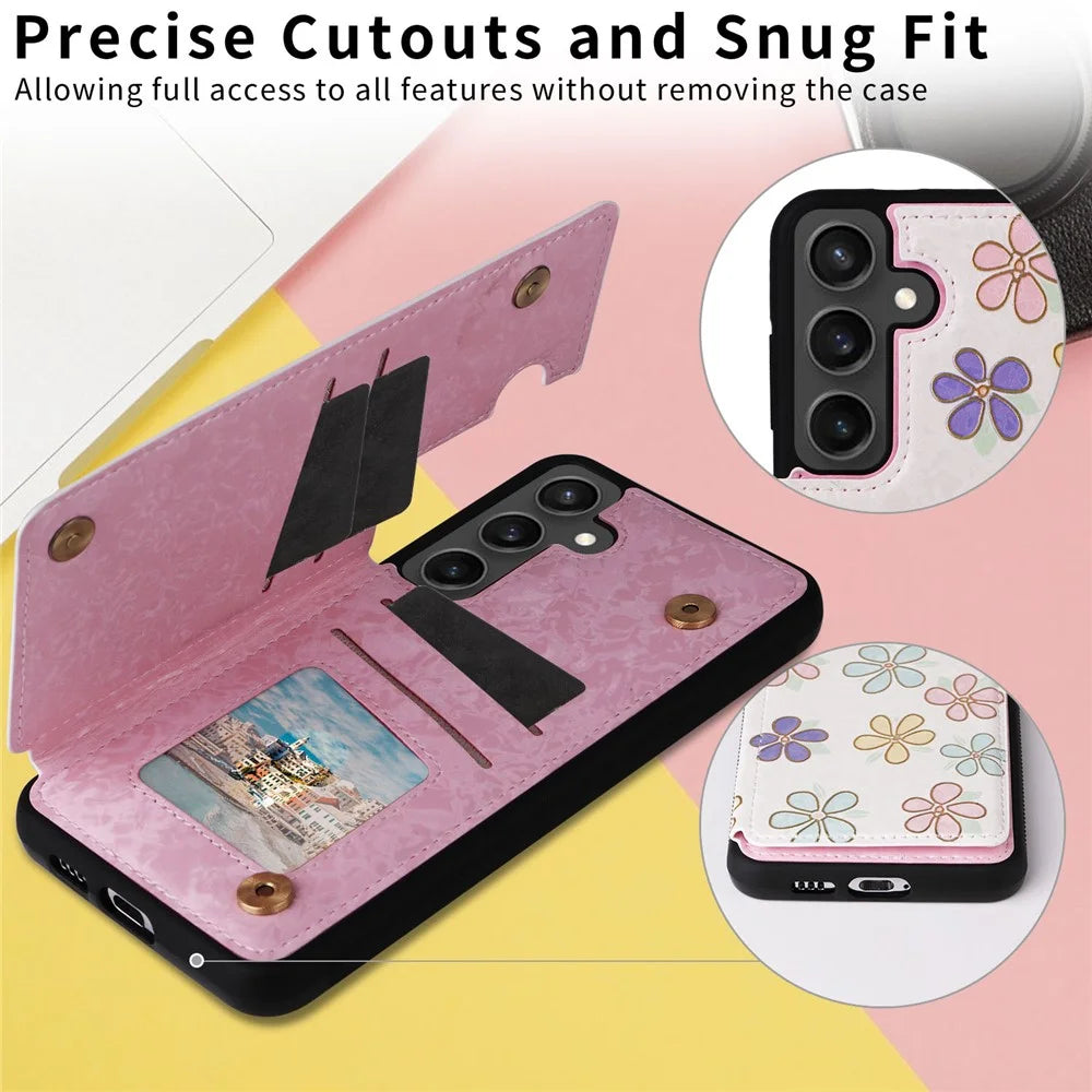 For Samsung Galaxy S25 FE Case Flower Leather TPU RFID Blocking Phone Cover Card Slots - Flowers - 4