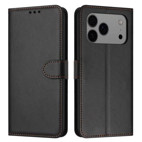 For iPhone 18 Pro / 17 Pro Case Stand Wallet Leather Phone Cover with Strap - Black - 1