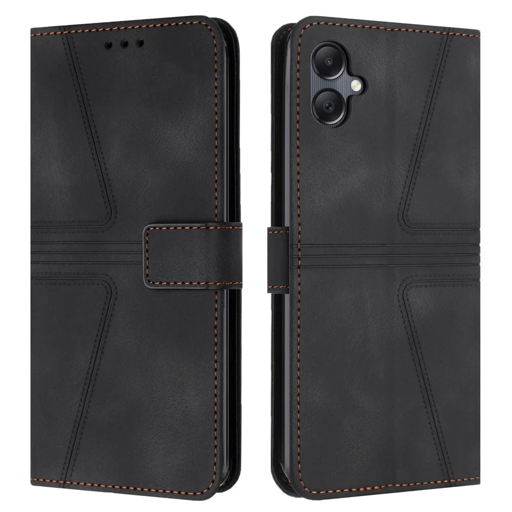 For Samsung Galaxy A08 5G / A07 4G Case Triangle Imprinted Anti-Scratch Phone Wallet Cover - Black - 1