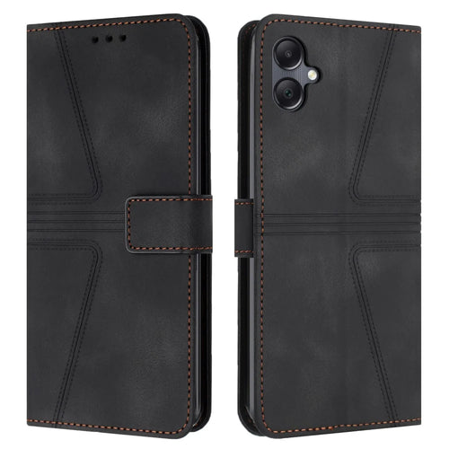 For Samsung Galaxy A08 5G / A07 4G Case Triangle Imprinted Anti-Scratch Phone Wallet Cover - Black - 1