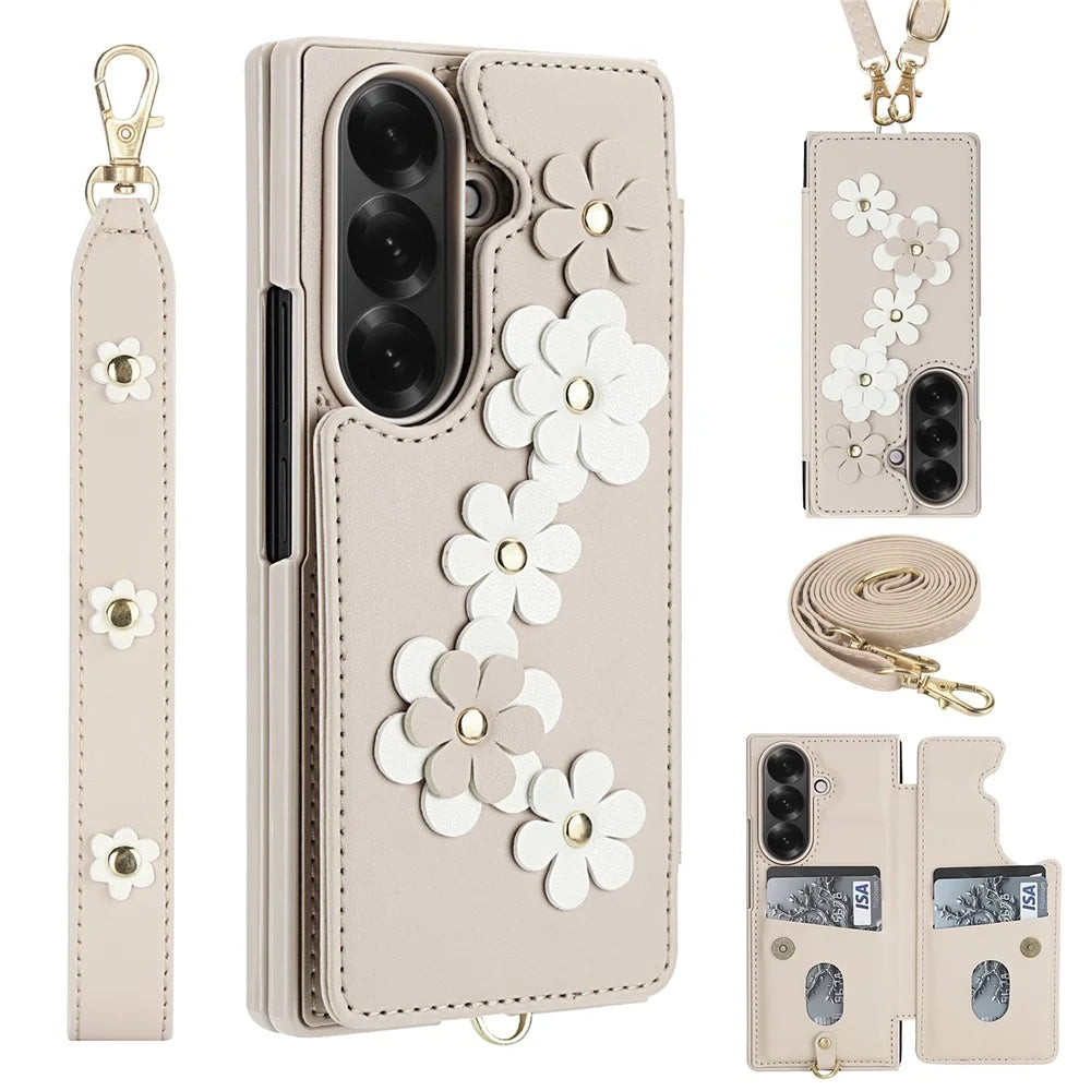 For Samsung Galaxy Z Fold7 5G Case Card Slots Leather Coated TPU Flower Phone Cover with 2 Straps - Beige - 1