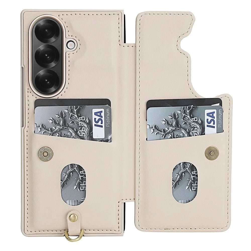 For Samsung Galaxy Z Fold7 5G Case Card Slots Leather Coated TPU Flower Phone Cover with 2 Straps - Beige - 2