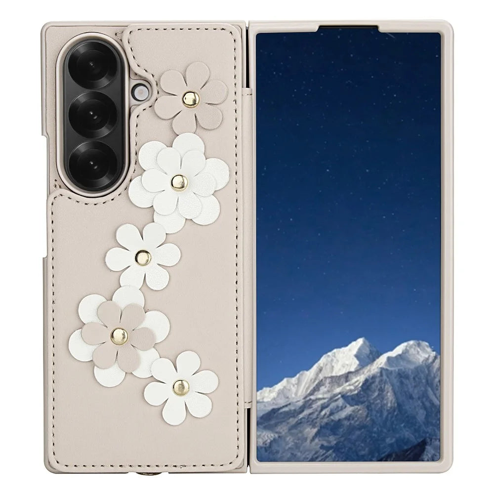 For Samsung Galaxy Z Fold7 5G Case Card Slots Leather Coated TPU Flower Phone Cover with 2 Straps - Beige - 3