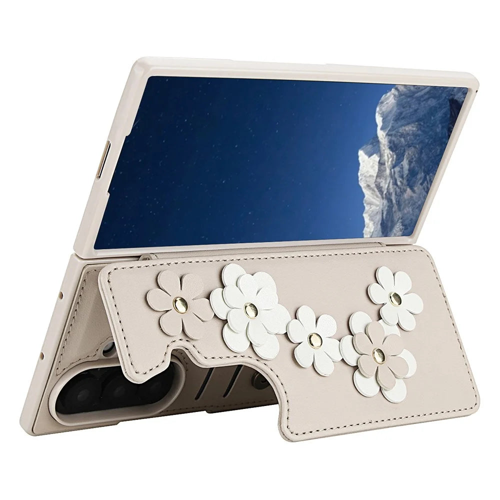 For Samsung Galaxy Z Fold7 5G Case Card Slots Leather Coated TPU Flower Phone Cover with 2 Straps - Beige - 4