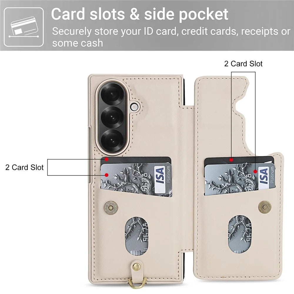 For Samsung Galaxy Z Fold7 5G Case Card Slots Leather Coated TPU Flower Phone Cover with 2 Straps - Beige - 6