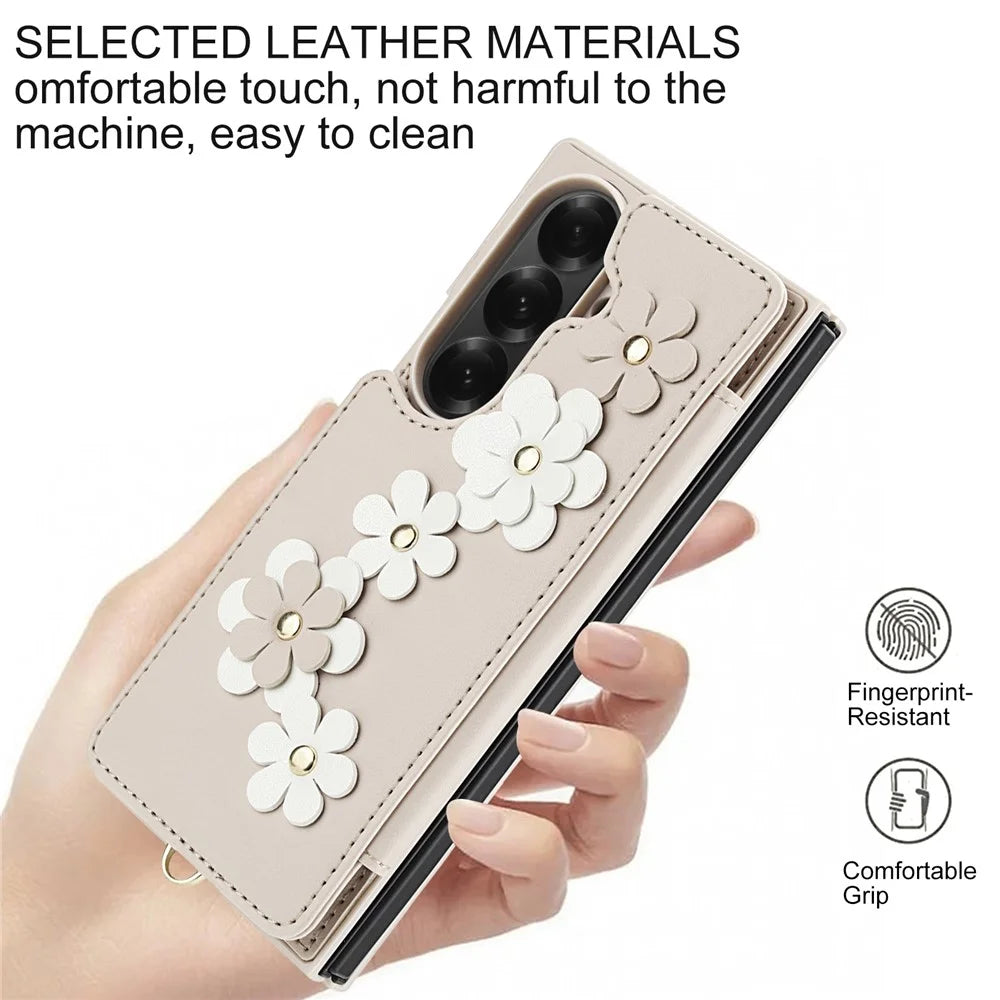 For Samsung Galaxy Z Fold7 5G Case Card Slots Leather Coated TPU Flower Phone Cover with 2 Straps - Beige - 7