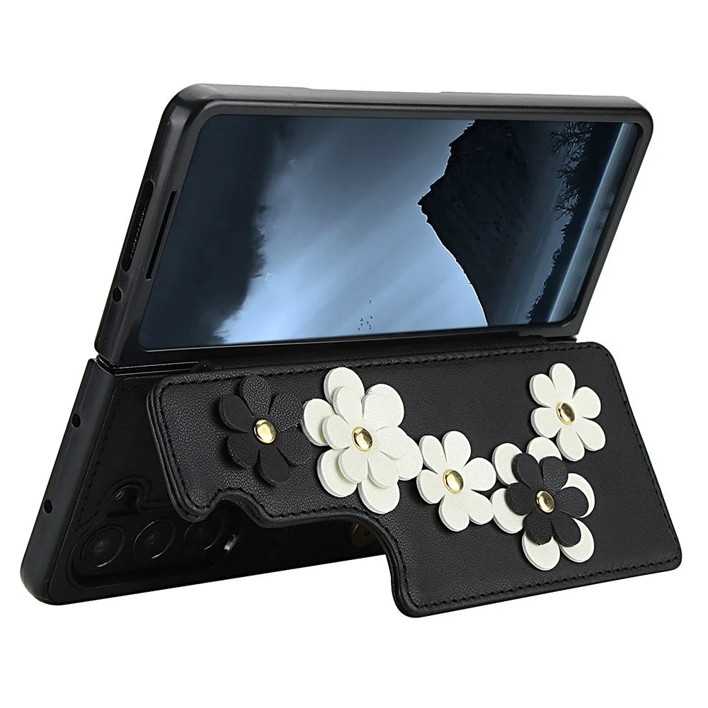 For Samsung Galaxy Z Fold6 5G Case Card Slots Leather Coated TPU Flower Phone Cover with 2 Straps - Black - 4