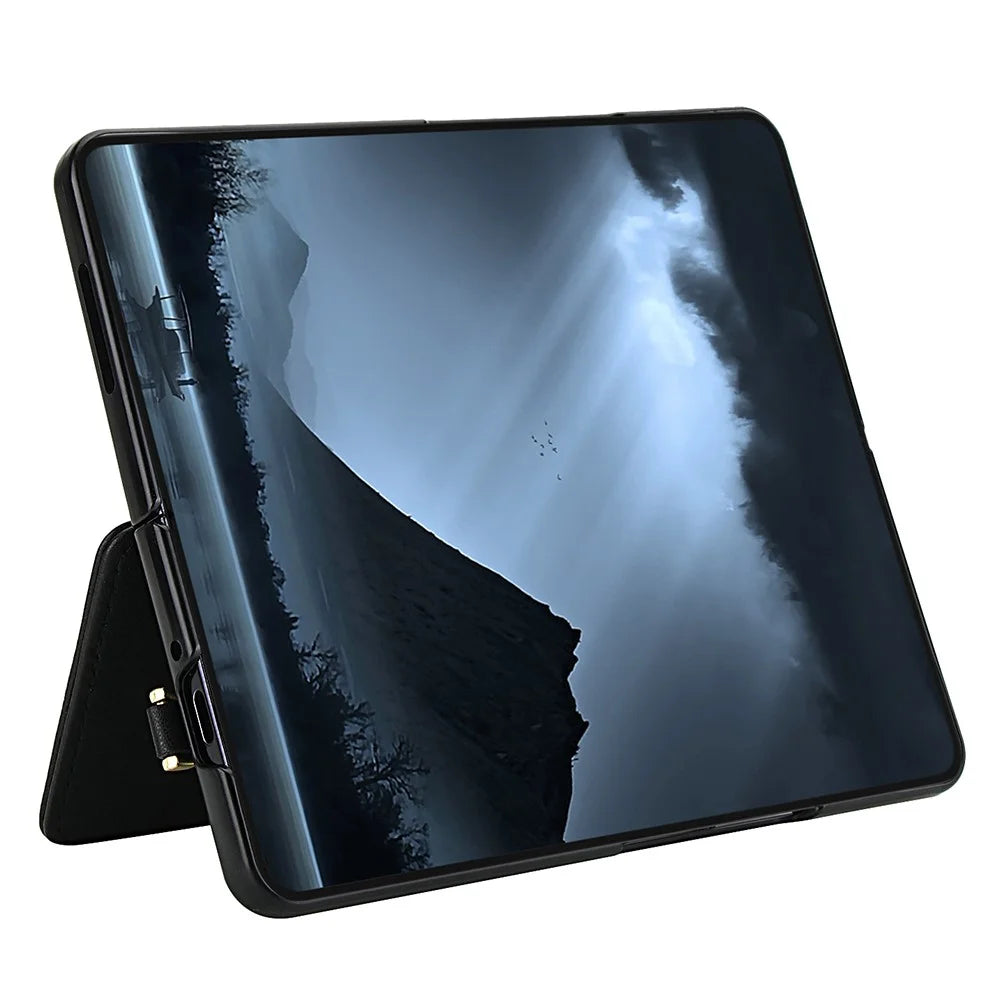 For Samsung Galaxy Z Fold6 5G Case Card Slots Leather Coated TPU Flower Phone Cover with 2 Straps - Black - 5
