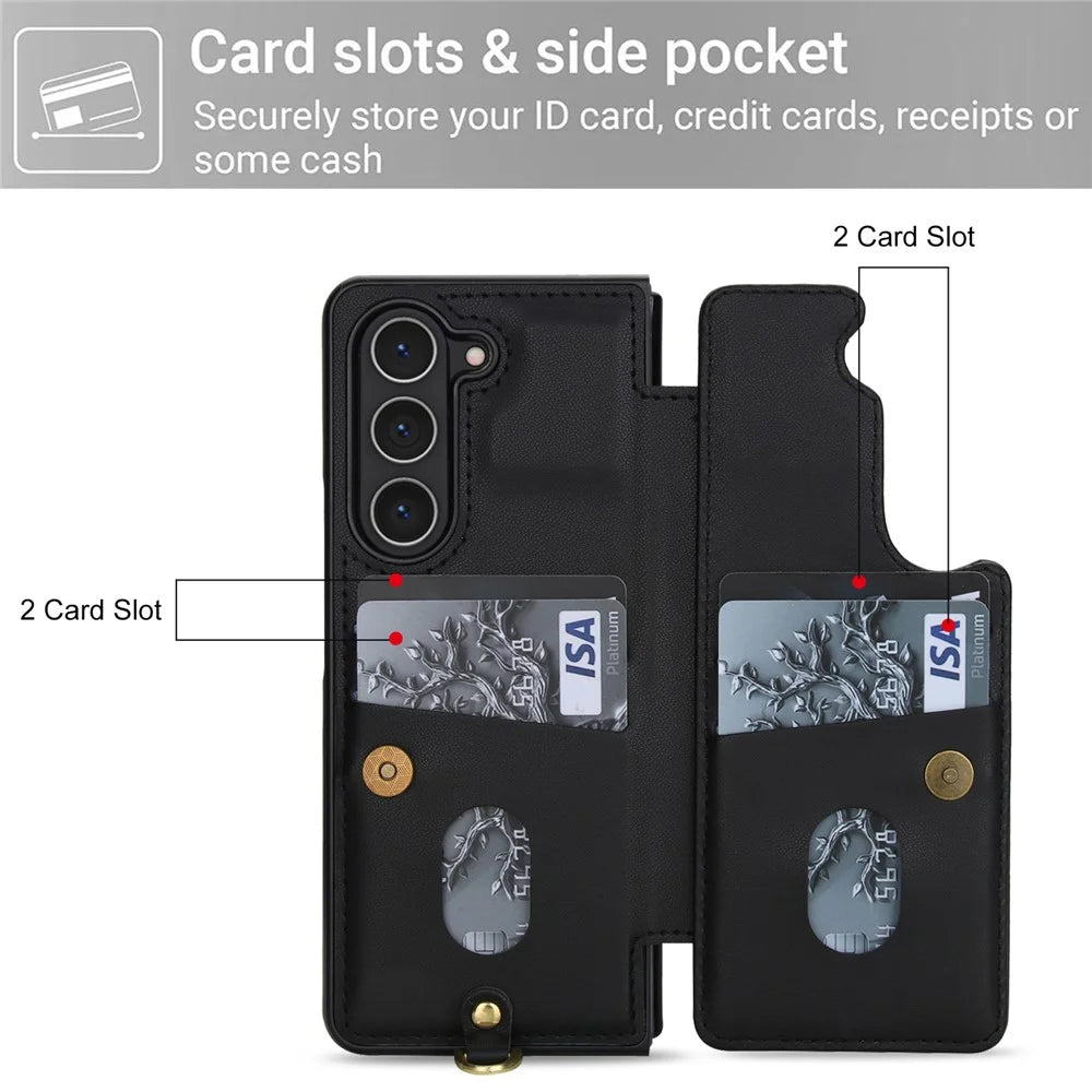 For Samsung Galaxy Z Fold6 5G Case Card Slots Leather Coated TPU Flower Phone Cover with 2 Straps - Black - 6
