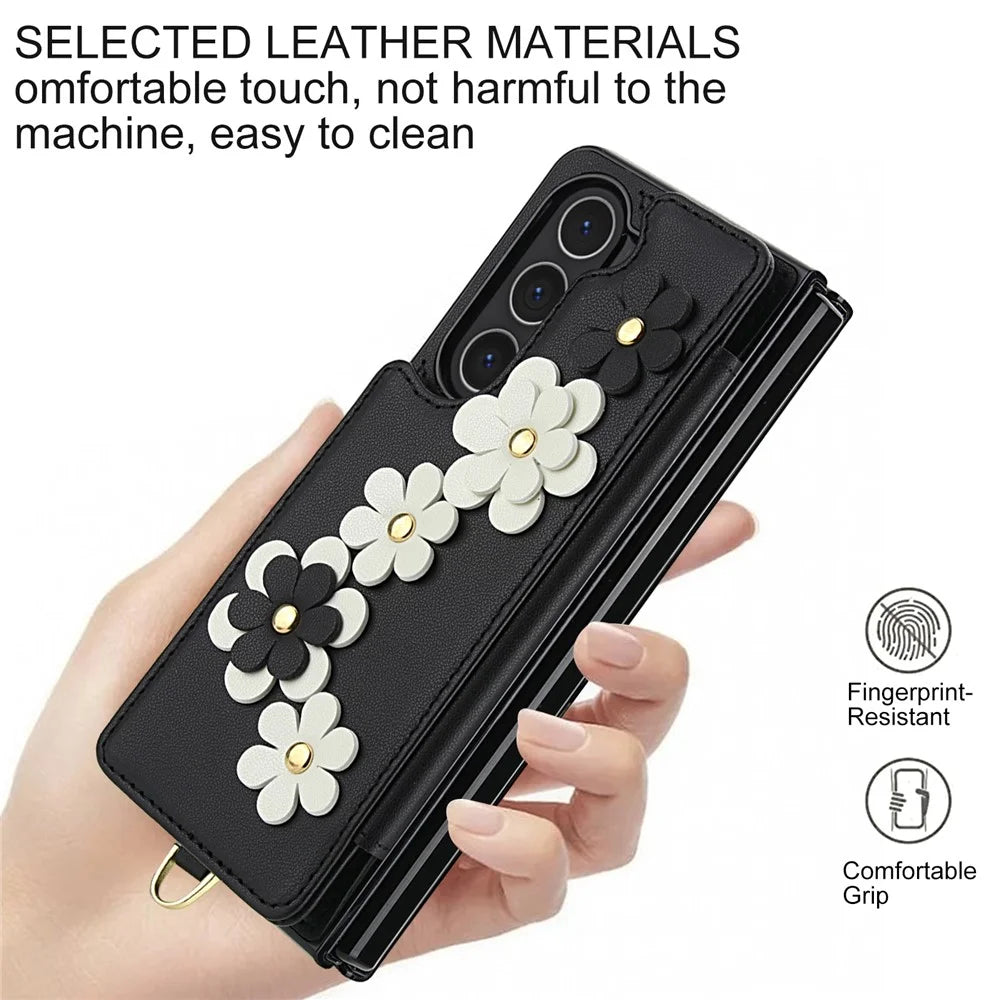 For Samsung Galaxy Z Fold6 5G Case Card Slots Leather Coated TPU Flower Phone Cover with 2 Straps - Black - 7
