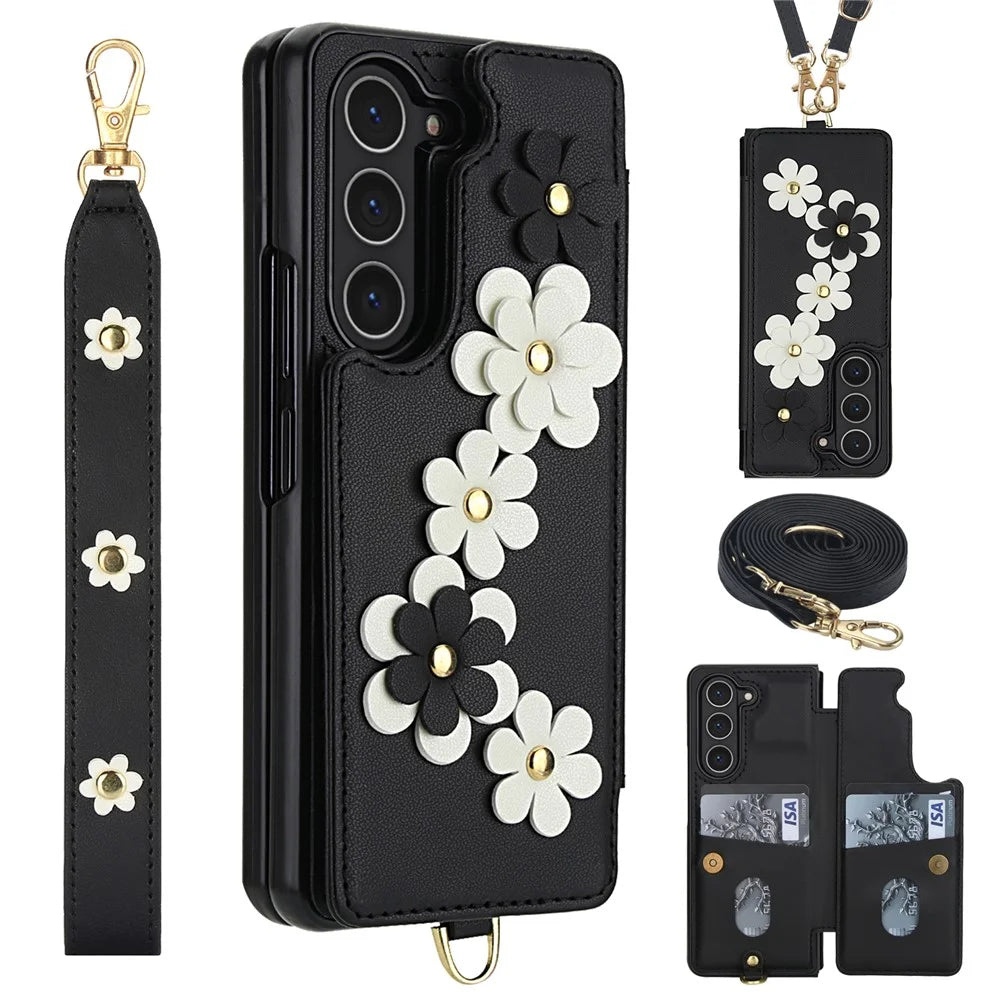 For Samsung Galaxy Z Fold5 5G Case Card Slots Leather Coated TPU Flower Phone Cover with 2 Straps - Black - 1