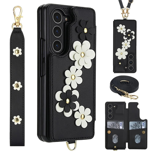 For Samsung Galaxy Z Fold5 5G Case Card Slots Leather Coated TPU Flower Phone Cover with 2 Straps - Black - 1