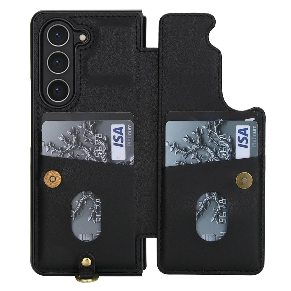 For Samsung Galaxy Z Fold5 5G Case Card Slots Leather Coated TPU Flower Phone Cover with 2 Straps - Black - 2