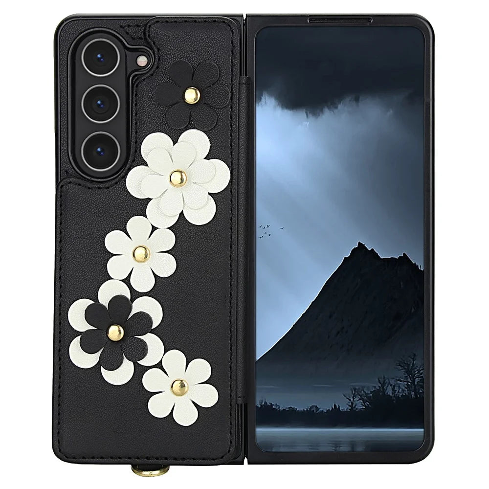 For Samsung Galaxy Z Fold5 5G Case Card Slots Leather Coated TPU Flower Phone Cover with 2 Straps - Black - 3