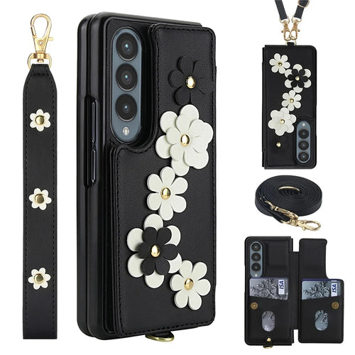 For Samsung Galaxy Z Fold4 5G Case Card Slots Leather Coated TPU Flower Phone Cover with 2 Straps - Black - 1