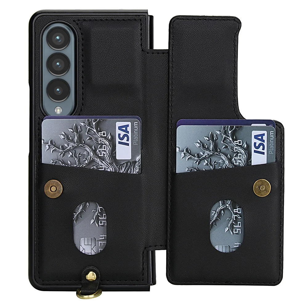For Samsung Galaxy Z Fold4 5G Case Card Slots Leather Coated TPU Flower Phone Cover with 2 Straps - Black - 2