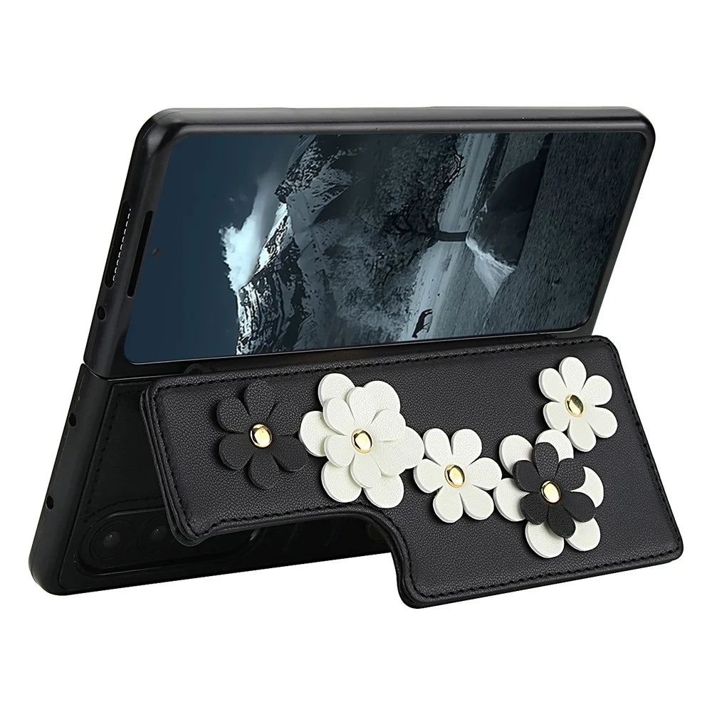For Samsung Galaxy Z Fold4 5G Case Card Slots Leather Coated TPU Flower Phone Cover with 2 Straps - Black - 3