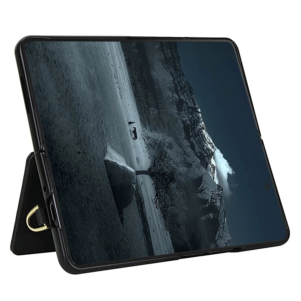 For Samsung Galaxy Z Fold4 5G Case Card Slots Leather Coated TPU Flower Phone Cover with 2 Straps - Black - 4