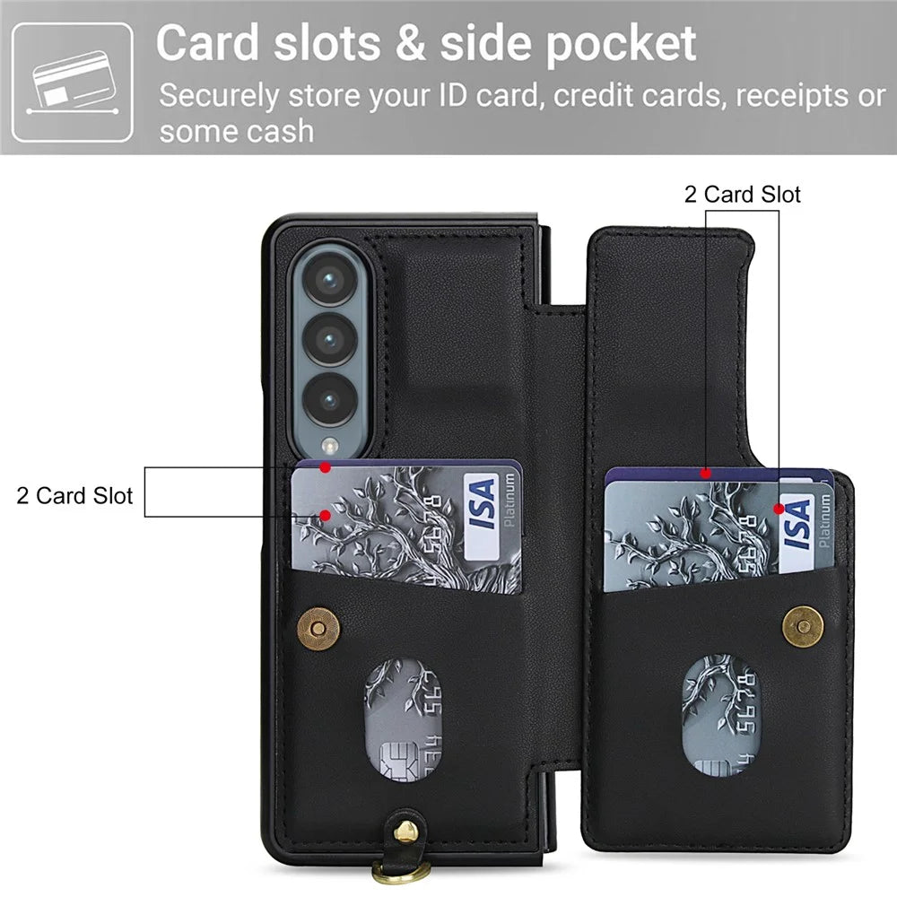 For Samsung Galaxy Z Fold4 5G Case Card Slots Leather Coated TPU Flower Phone Cover with 2 Straps - Black - 5
